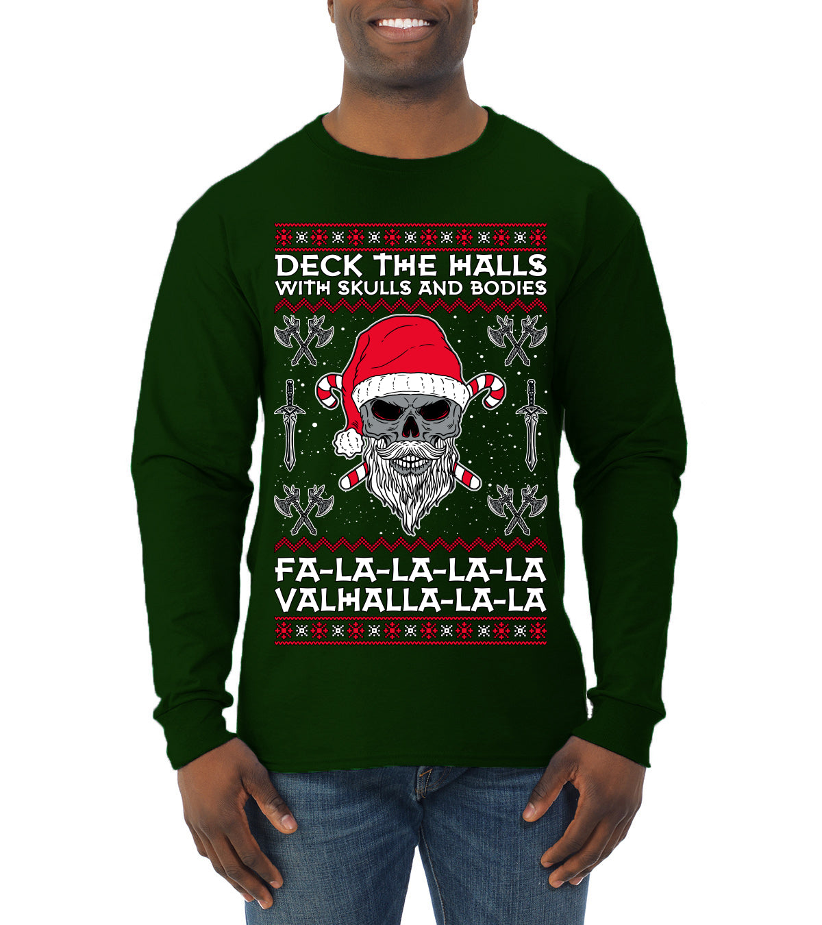 Valhalla Deck The Halls With Skulls & Bodies Ugly Christmas Sweater Mens Long Sleeve Shirt