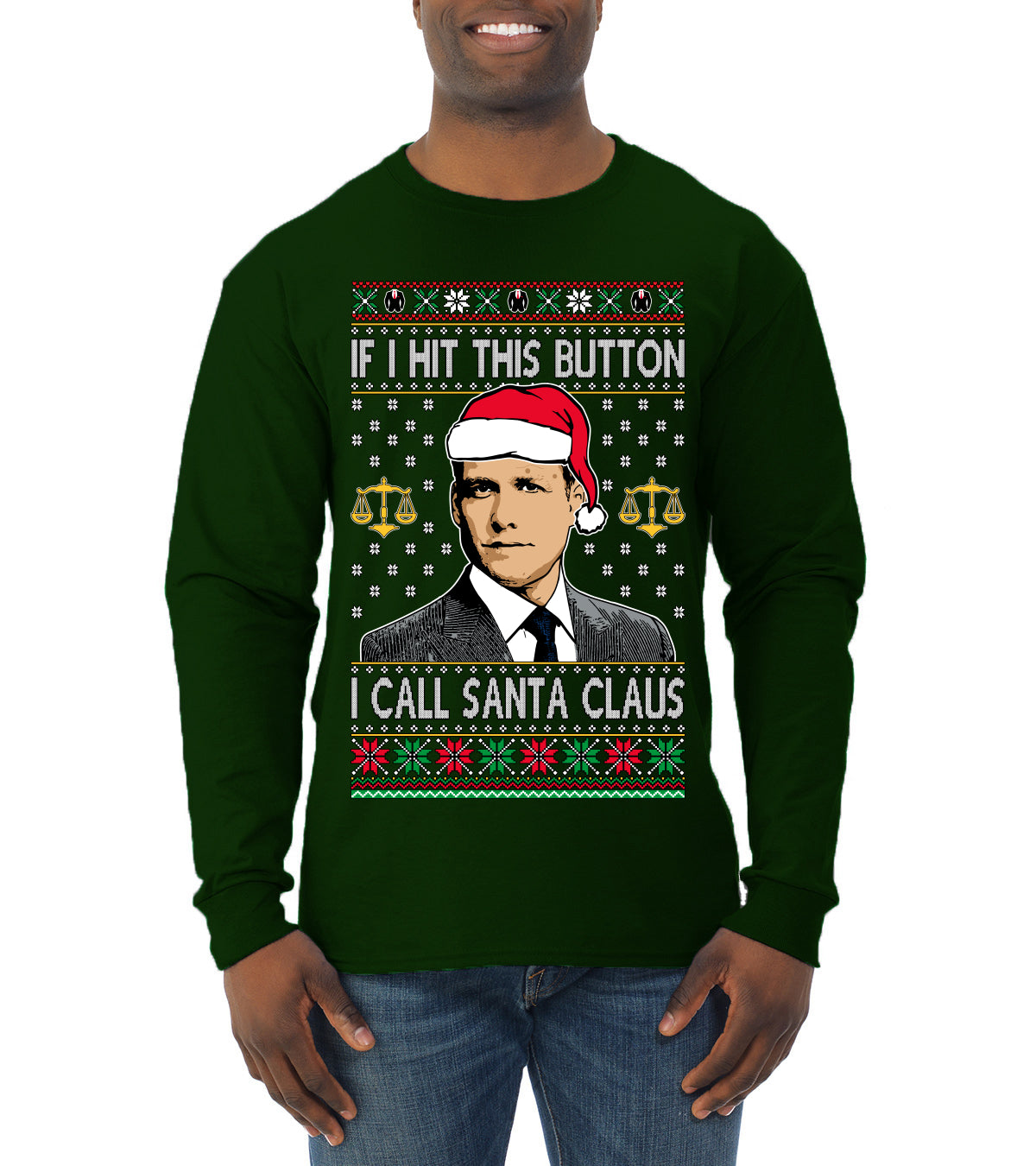 Harvey Hit This Button I Call Santa Specter TV Show Parody Ugly Christmas Sweater Mens Long Sleeve Shirt