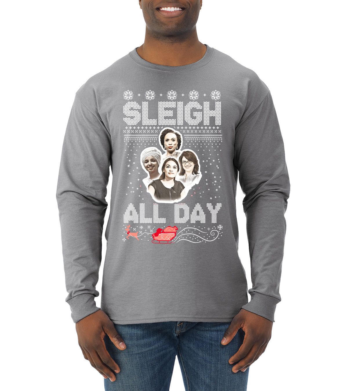 AOC The Squad Congresswomen Sleigh All Day Xmas Ugly Christmas Sweater Mens Long Sleeve Shirt
