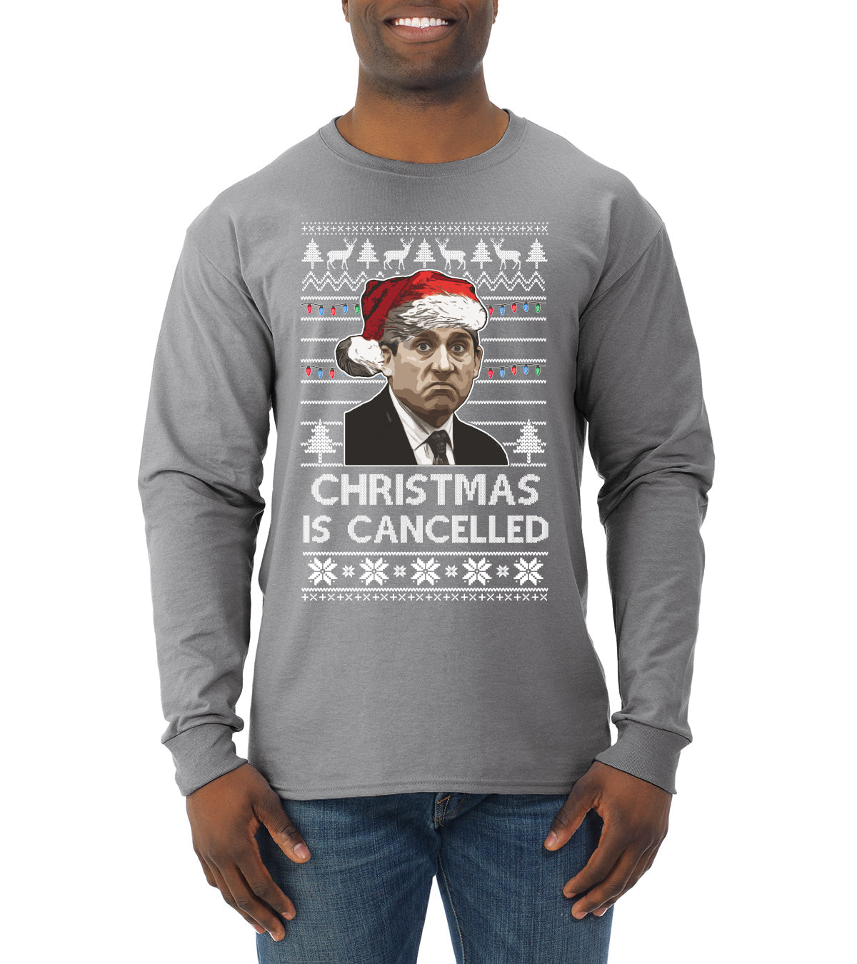 Christmas Is Cancelled Michael Scott Office Ugly Christmas Sweater Mens Long Sleeve Shirt