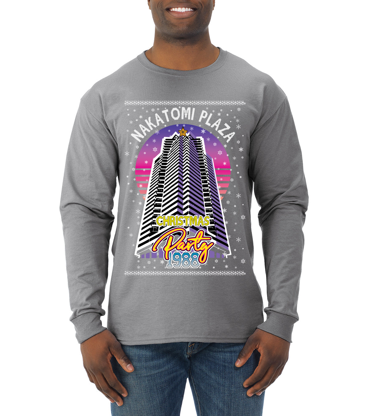 Retro Nakatomi Plaza 1988 Holiday Party Ugly Christmas Sweater Mens Long Sleeve Shirt