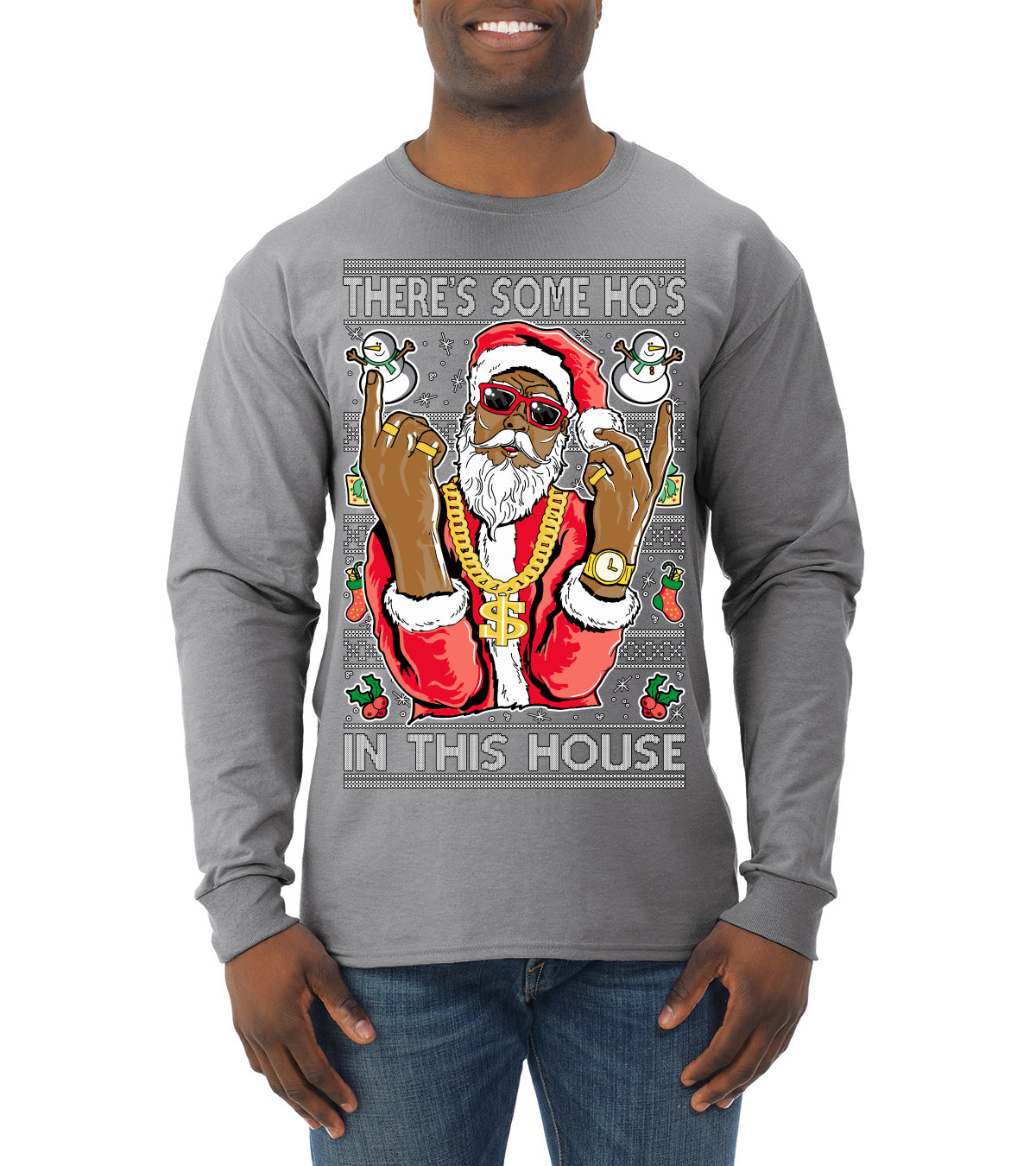 Black Santa Claus Gangster Bling Ho's In This House Ugly Christmas Sweater Mens Long Sleeve Shirt