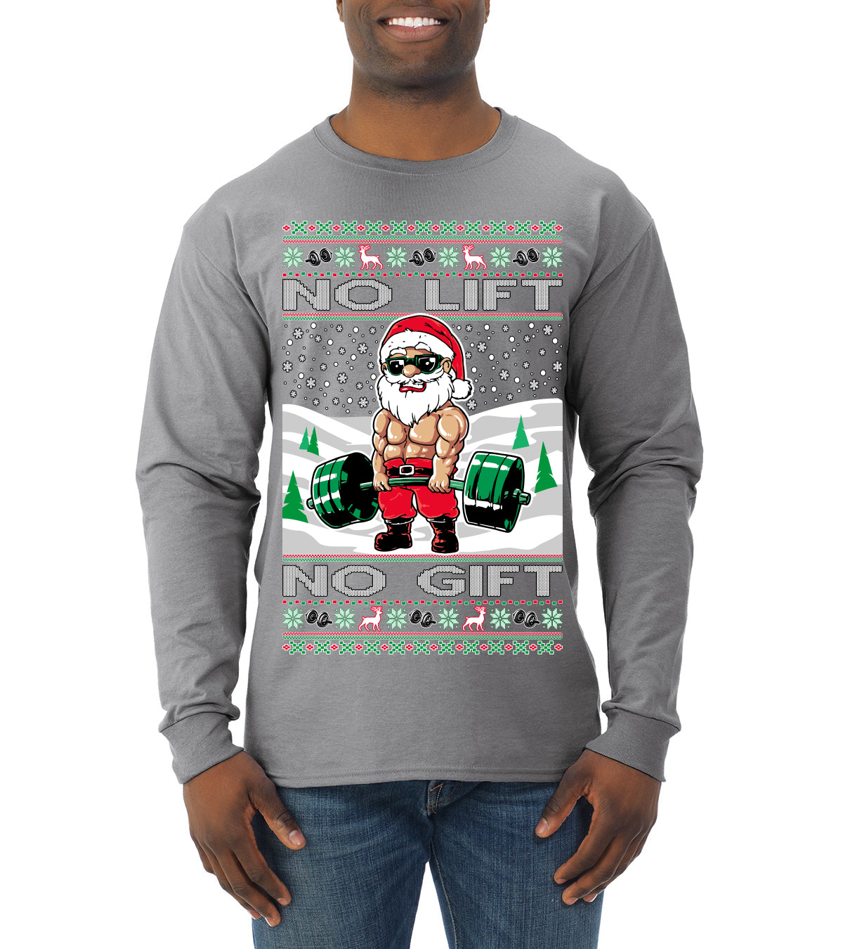 No Lift No Gift Fitness Workout Santa Ugly Christmas Sweater Mens Long Sleeve Shirt