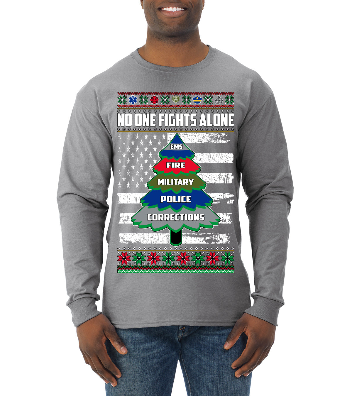 No One Fights Alone Holiday First Responder Police Fire Emt Ugly Christmas Sweater Mens Long Sleeve Shirt