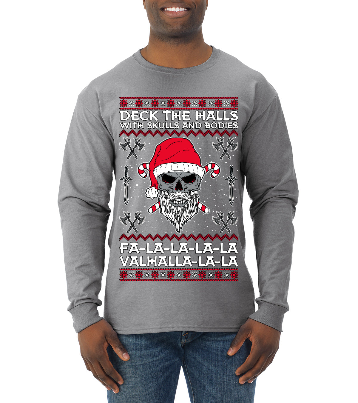 Valhalla Deck The Halls With Skulls & Bodies Ugly Christmas Sweater Mens Long Sleeve Shirt