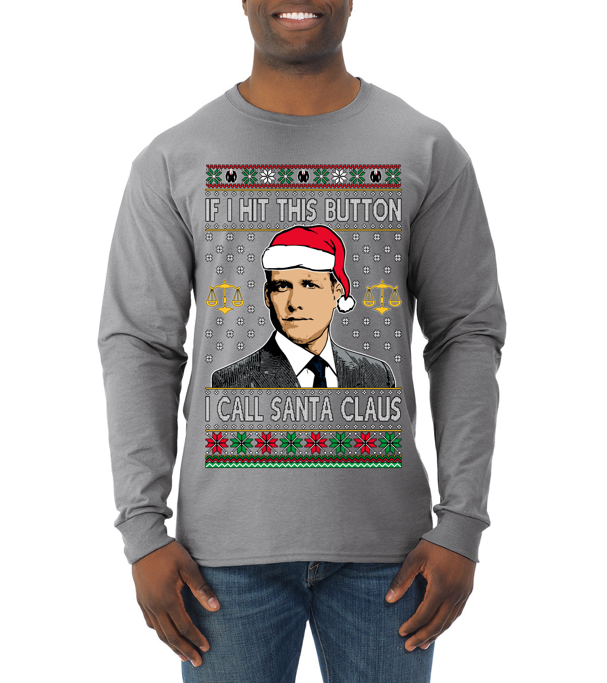 Harvey Hit This Button I Call Santa Specter TV Show Parody Ugly Christmas Sweater Mens Long Sleeve Shirt