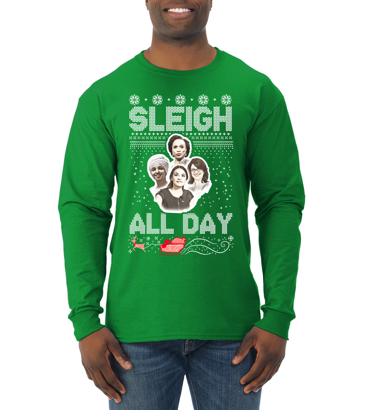 AOC The Squad Congresswomen Sleigh All Day Xmas Ugly Christmas Sweater Mens Long Sleeve Shirt