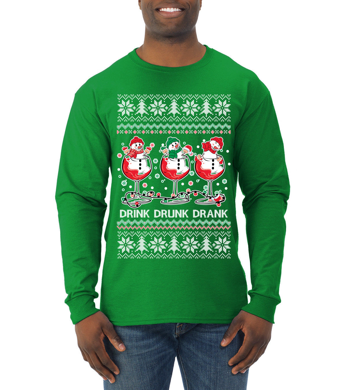 Holiday Spirits Drink Drank Drunk Snowmen Ugly Christmas Sweater Mens Long Sleeve Shirt