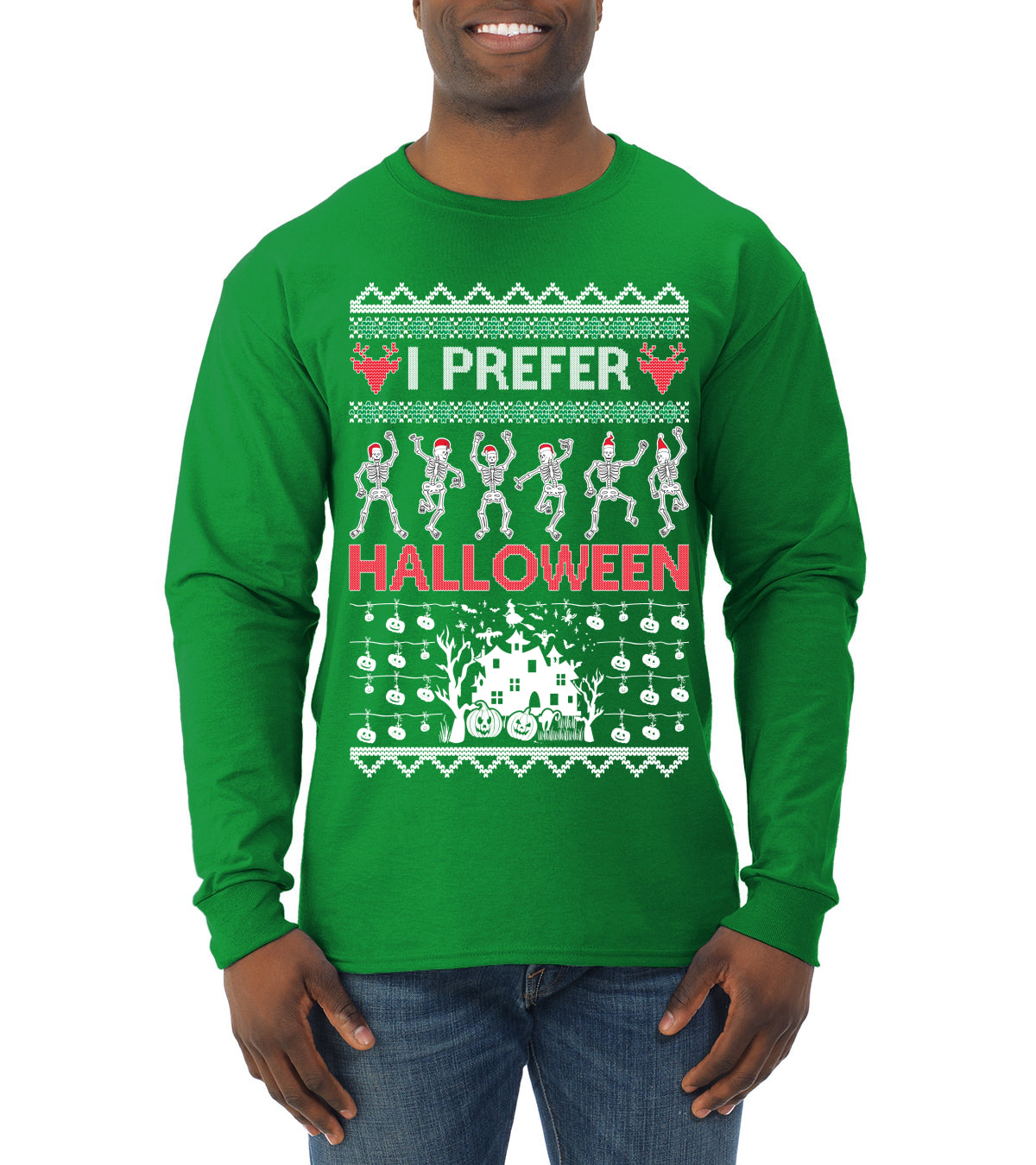 I Prefer Halloween Dancing Skeletons Ugly Christmas Sweater Mens Long Sleeve Shirt