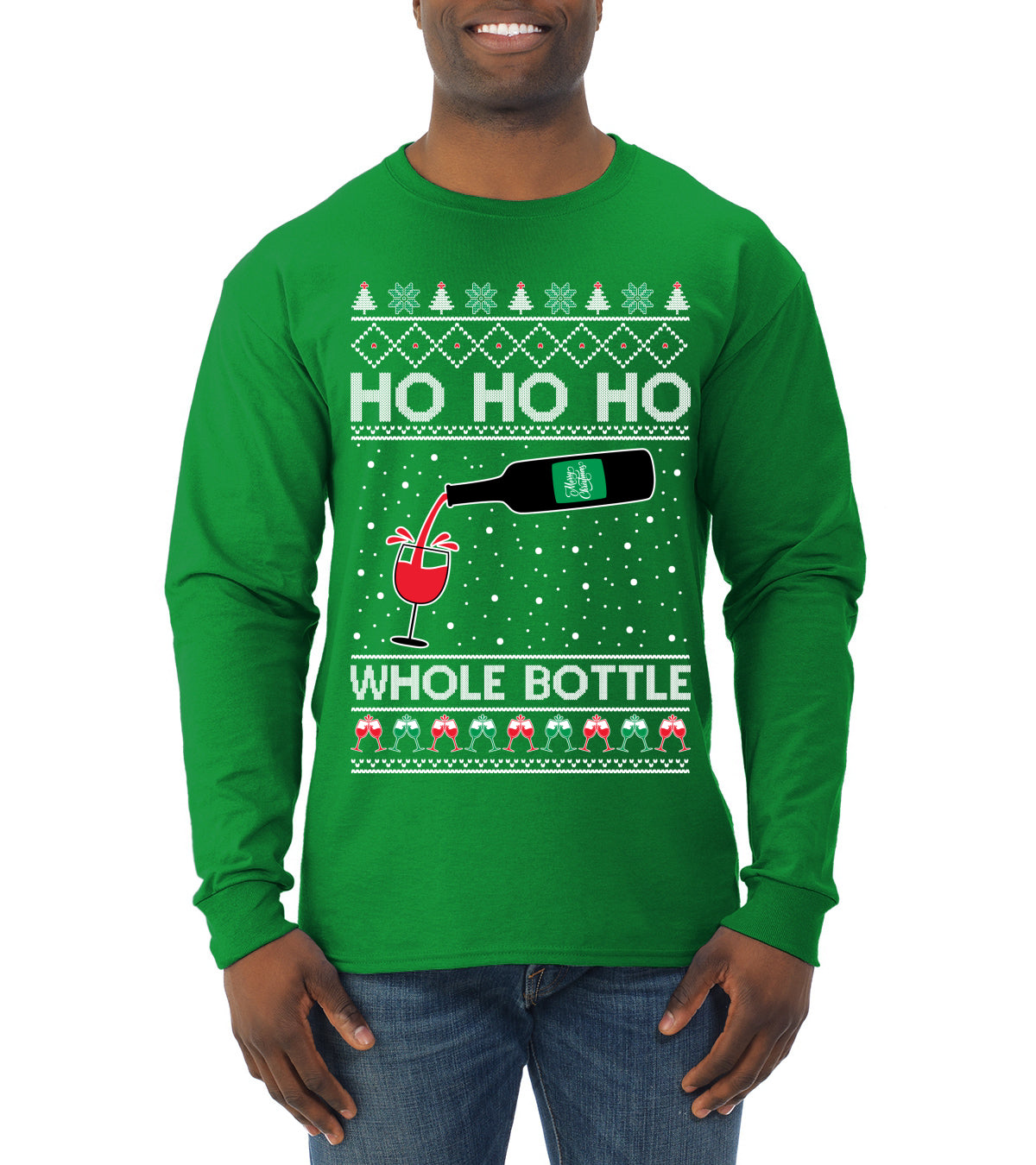 Ho Ho Ho Whole Bottle Wine Spirits Ugly Christmas Sweater Mens Long Sleeve Shirt