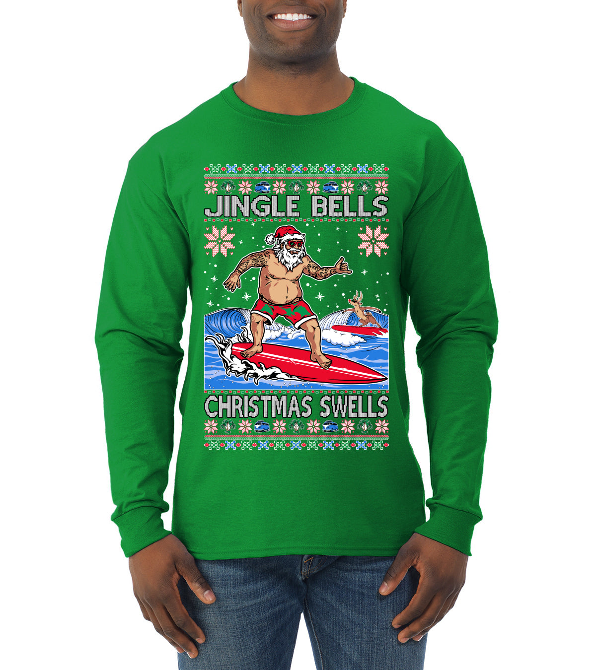 Santa Surfing Jingle Bells Christmas Swells Ugly Christmas Sweater Mens Long Sleeve Shirt