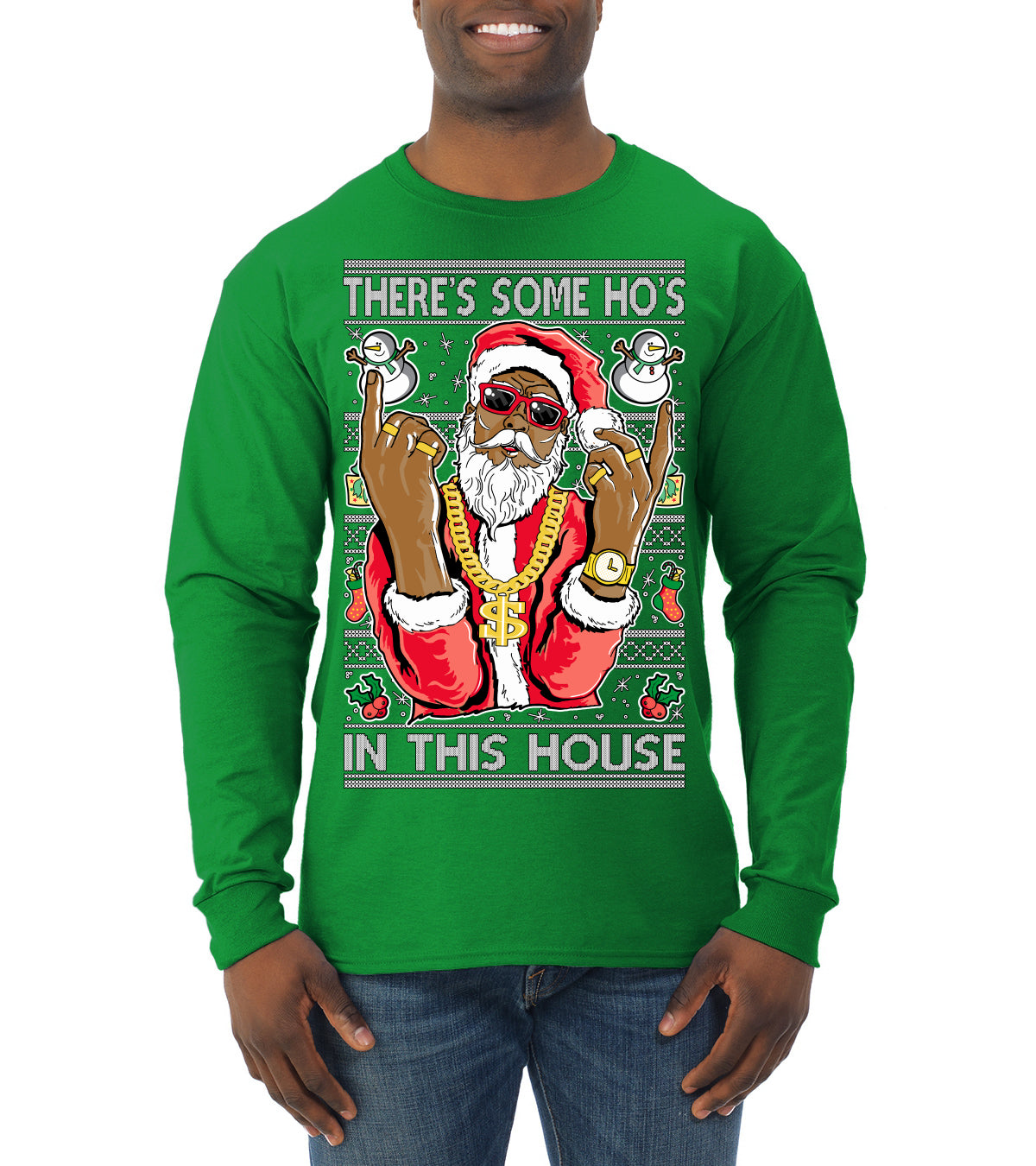 Black Santa Claus Gangster Bling Ho's In This House Ugly Christmas Sweater Mens Long Sleeve Shirt