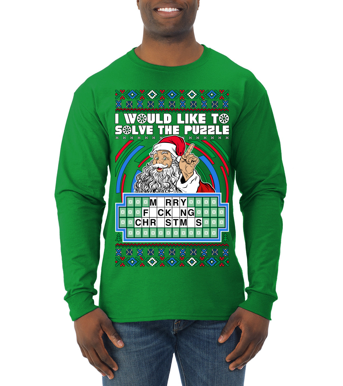 Santa Game Show I'd Like To Solve the Puzzle Wheel Ugly Christmas Sweater Mens Long Sleeve Shirt