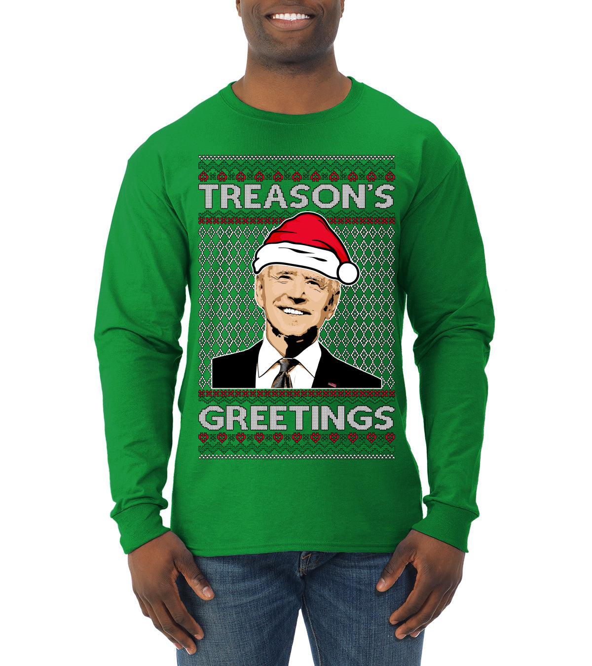 Treason's Greetings Biden President Humor Ugly Christmas Sweater Mens Long Sleeve Shirt