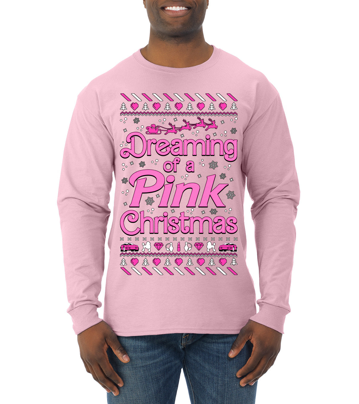 Dreaming Of A Pink Chirstmas Girly Woman Movie Party Ugly Christmas Sweater Mens Long Sleeve Shirt