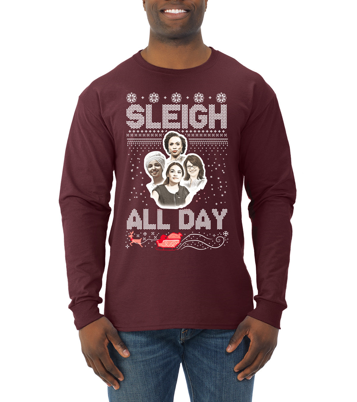 AOC The Squad Congresswomen Sleigh All Day Xmas Ugly Christmas Sweater Mens Long Sleeve Shirt