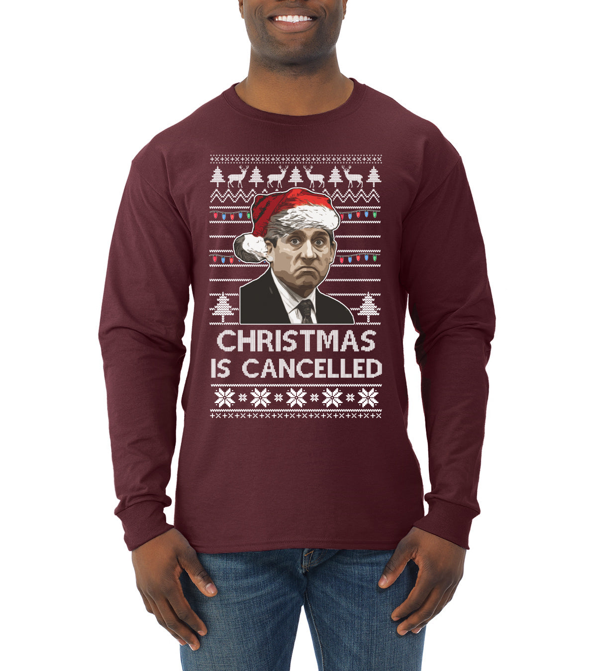 Christmas Is Cancelled Michael Scott Office Ugly Christmas Sweater Mens Long Sleeve Shirt