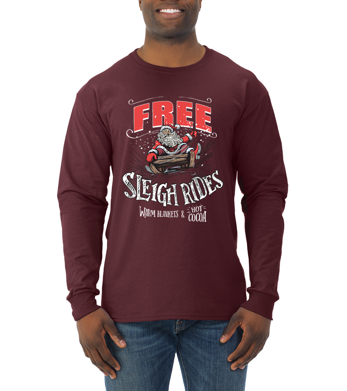 Free Sleigh Rides Warm Blankets & Hot Cocoa Christmas Mens Long Sleeve Shirt