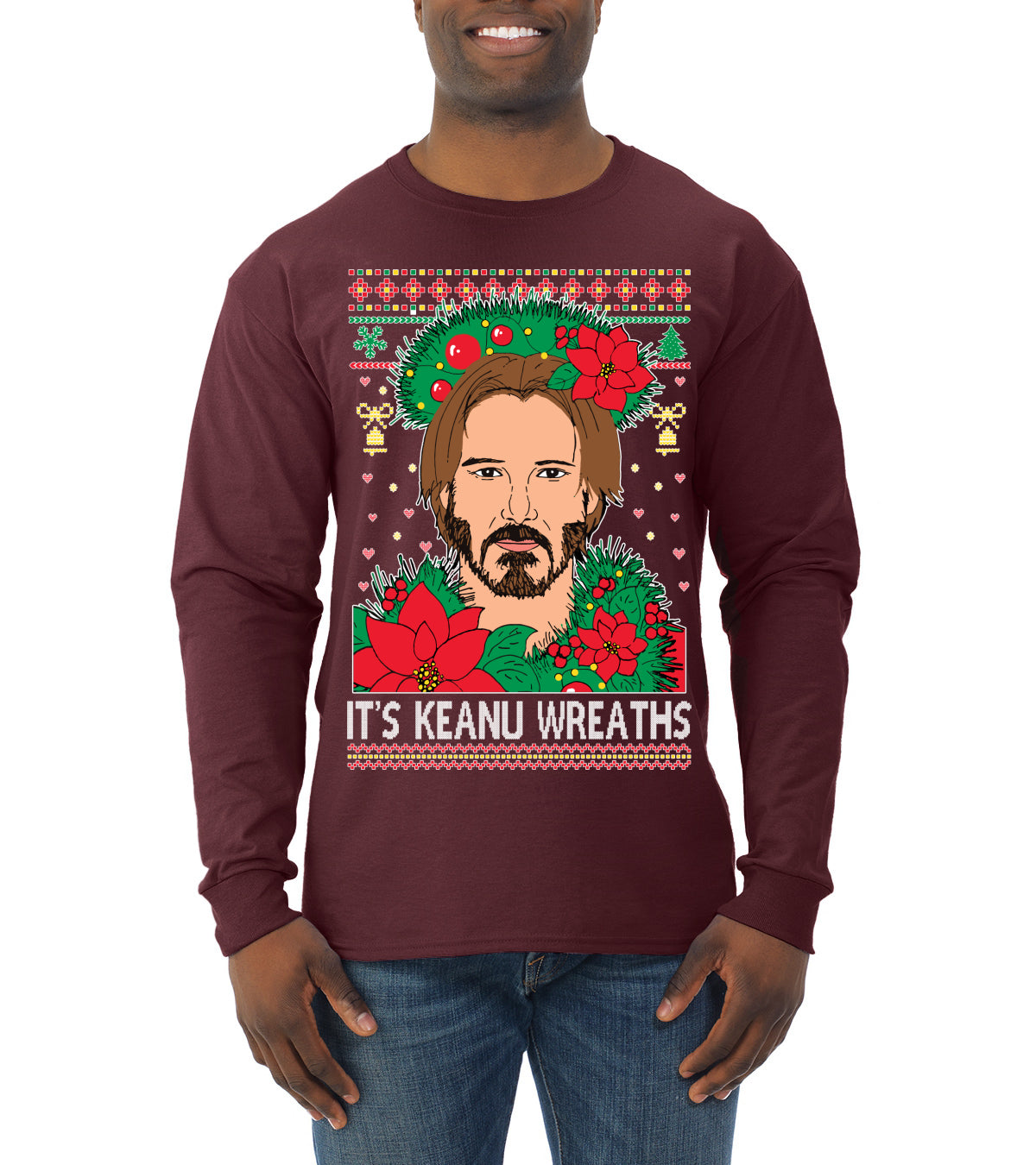 It's Keanu Wreaths Ugly Christmas Sweater Mens Long Sleeve Shirt