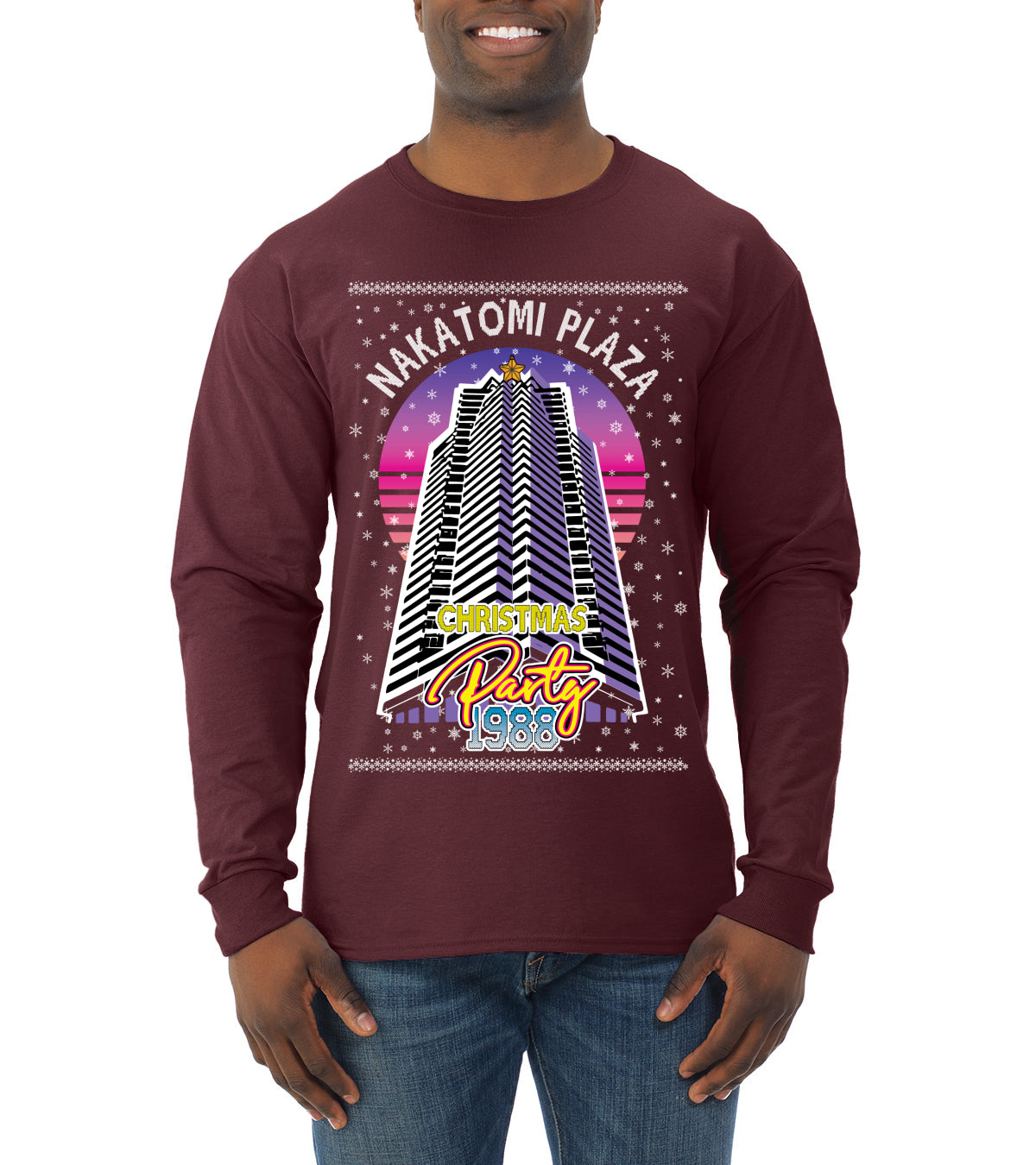 Retro Nakatomi Plaza 1988 Holiday Party Ugly Christmas Sweater Mens Long Sleeve Shirt