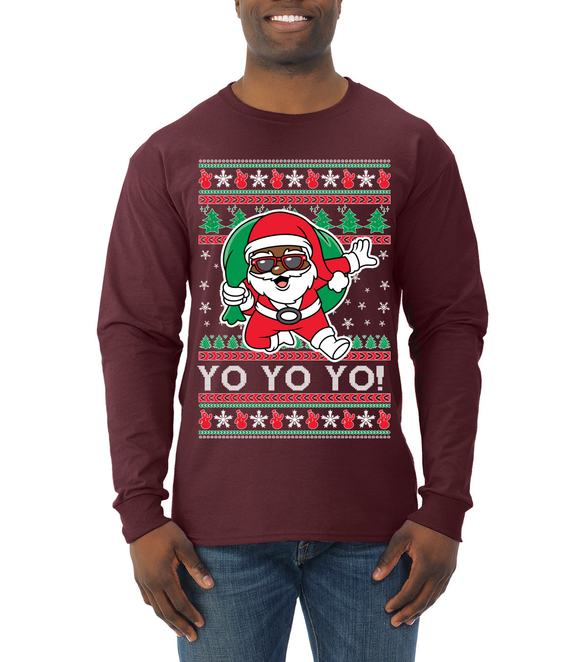Yo Yo Yo Black Santa Ugly Christmas Sweater Mens Long Sleeve Shirt
