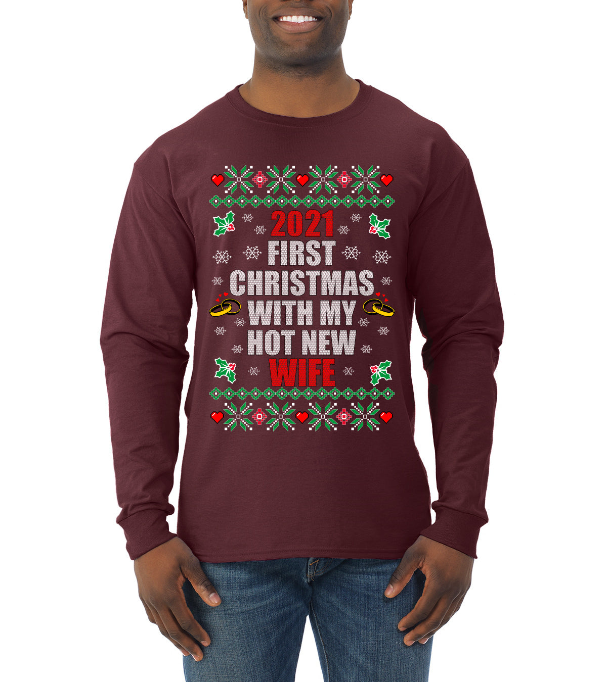 First Christmas With My Hot New Wife Individual Couples  Ugly Christmas Sweater Mens Long Sleeve Shirt