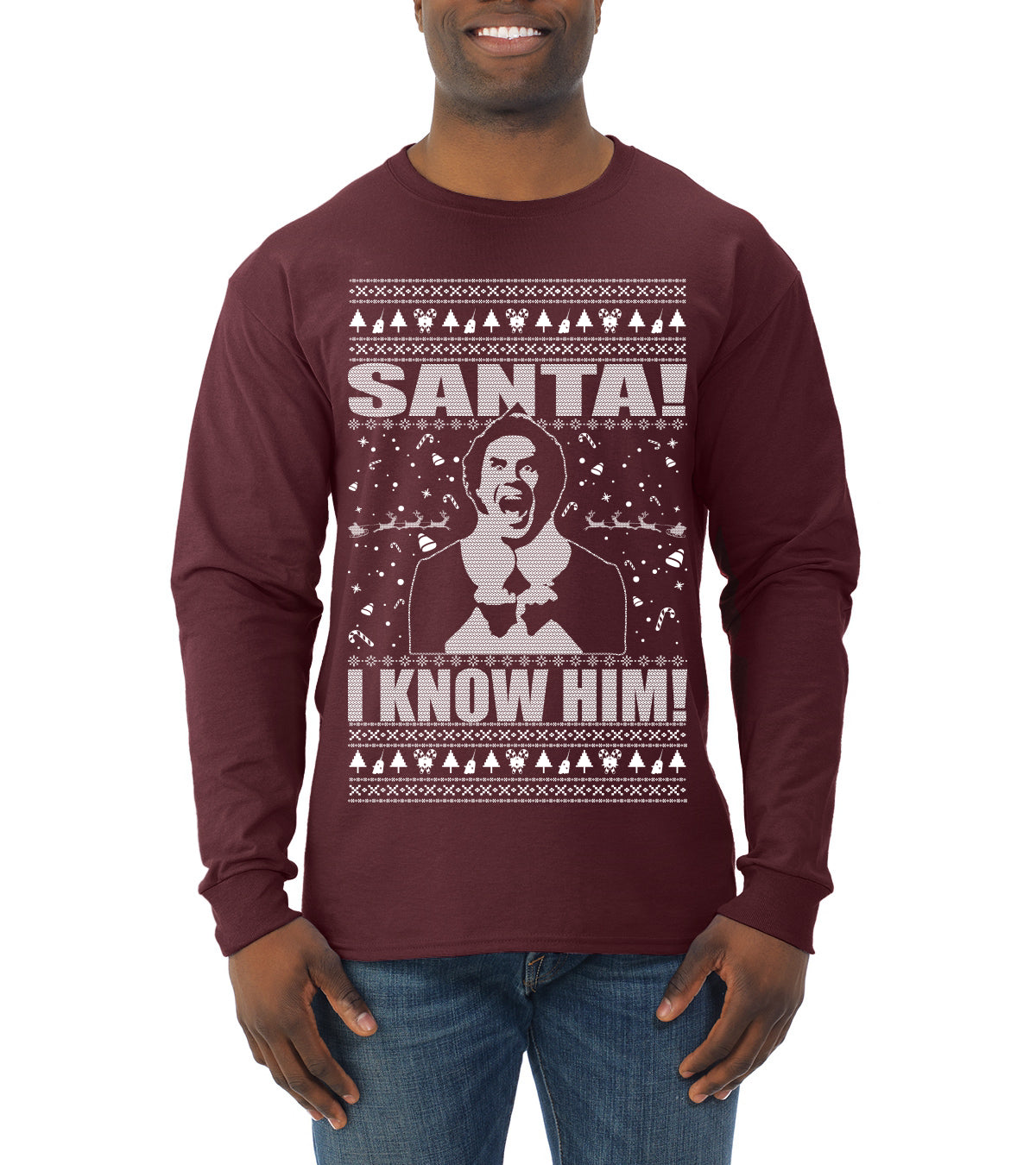 Buddy The Elf Santa! I Know Him Ugly Christmas Sweater Mens Long Sleeve Shirt