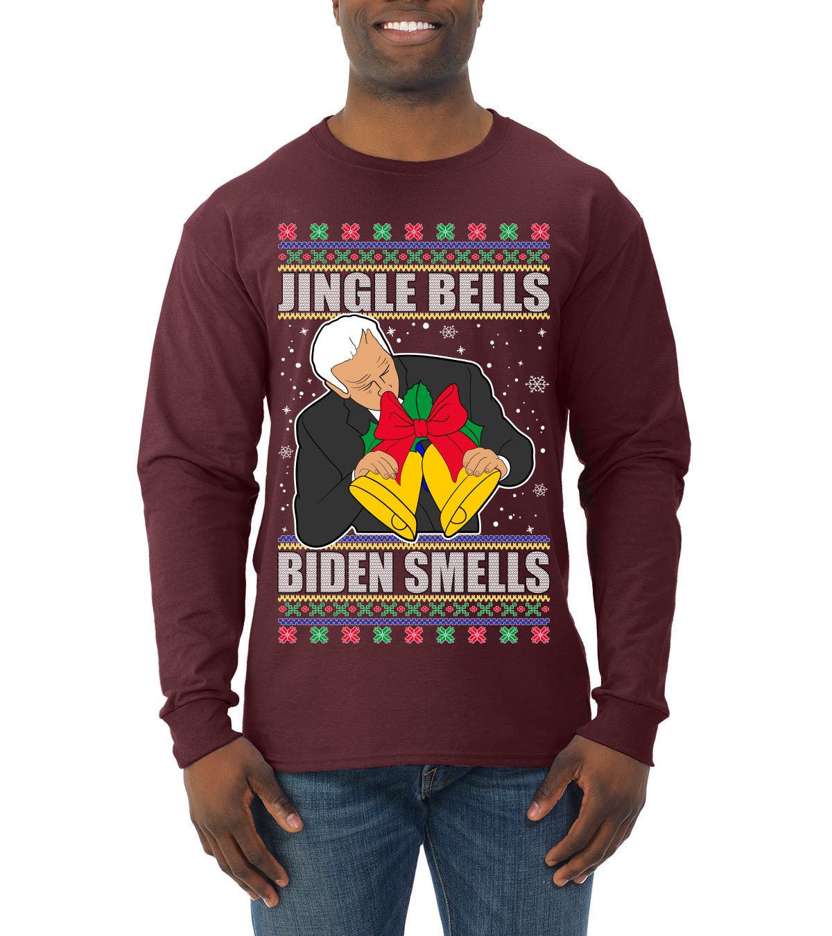 Jingle Bells Biden Smells Ugly Christmas Sweater Mens Long Sleeve Shirt