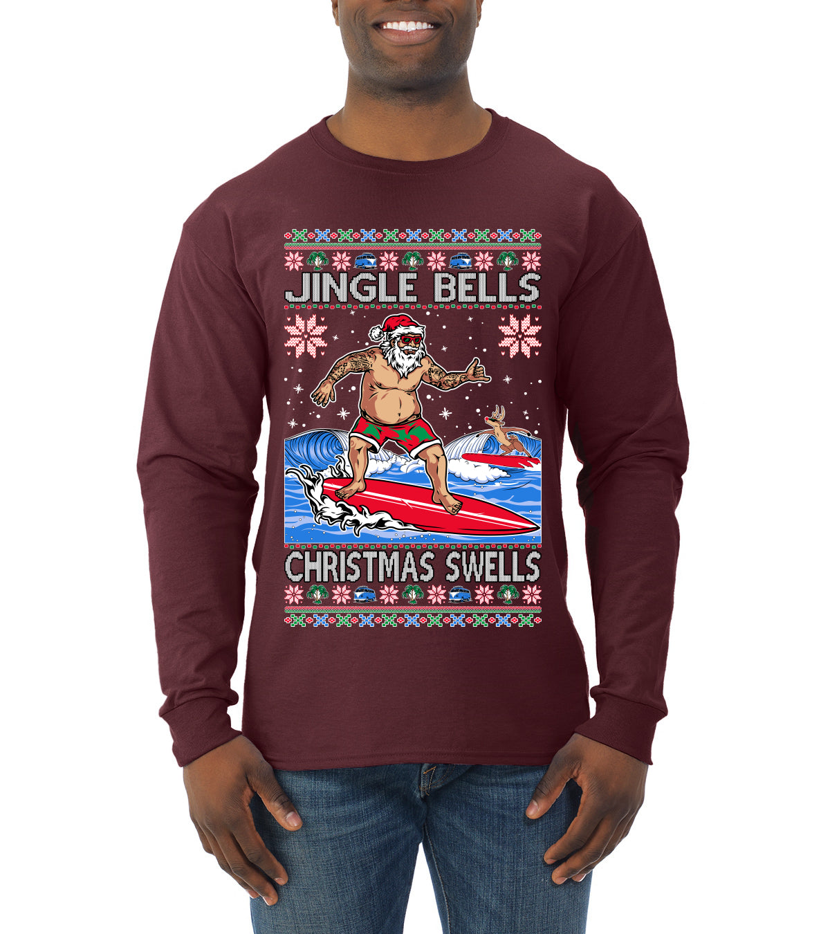 Santa Surfing Jingle Bells Christmas Swells Ugly Christmas Sweater Mens Long Sleeve Shirt