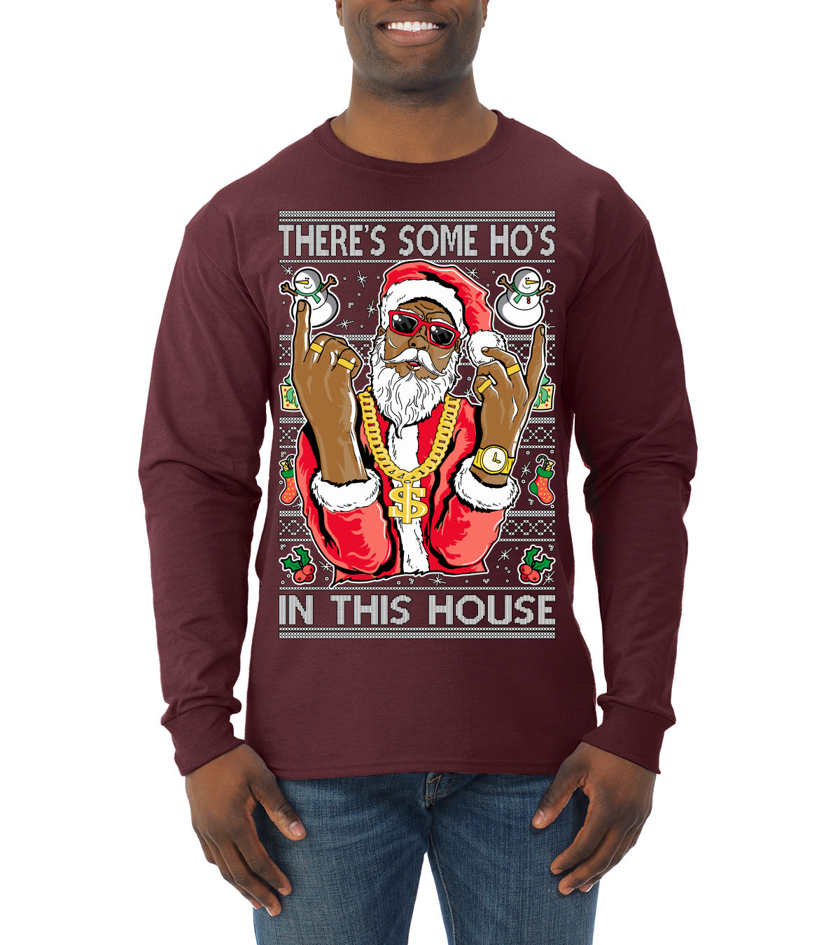 Black Santa Claus Gangster Bling Ho's In This House Ugly Christmas Sweater Mens Long Sleeve Shirt
