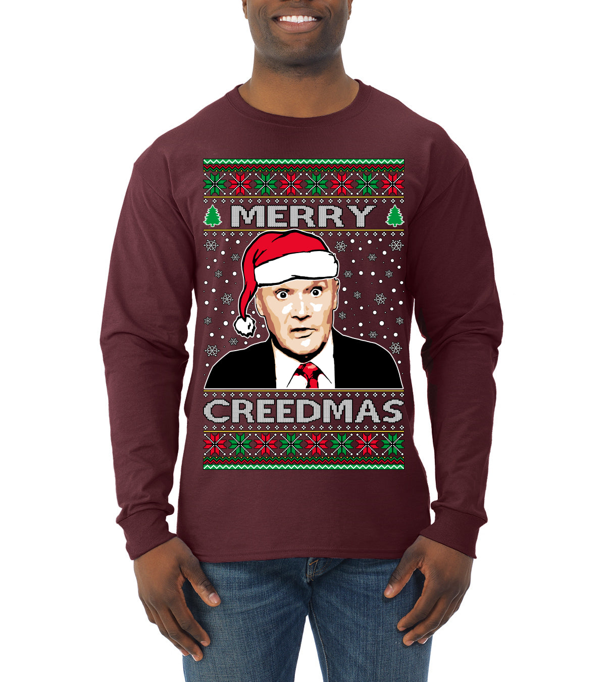 Merry Creedmas Office Humor TV  Ugly Christmas Sweater Mens Long Sleeve Shirt
