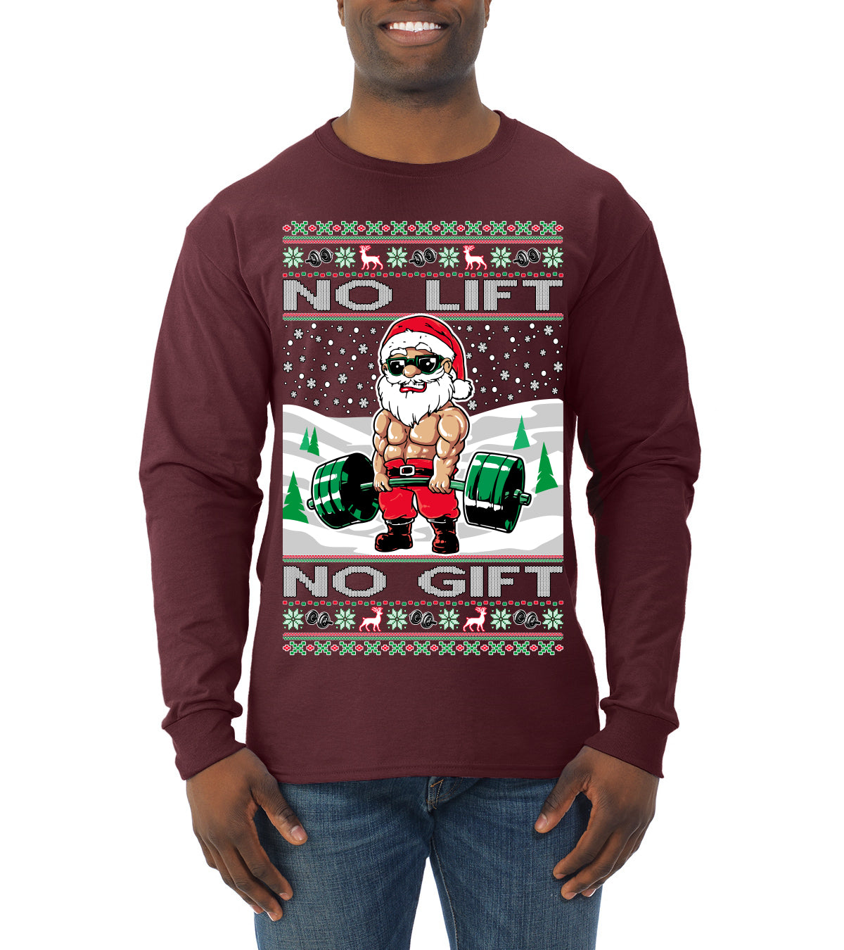 No Lift No Gift Fitness Workout Santa Ugly Christmas Sweater Mens Long Sleeve Shirt