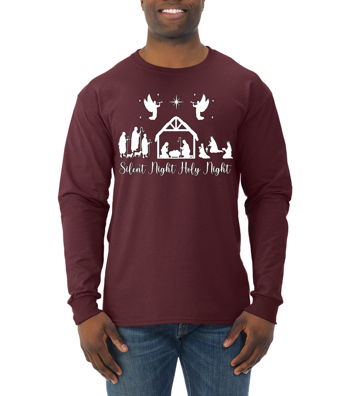 Silent Night Holy Night Religious Jesus Christmas Mens Long Sleeve Shirt