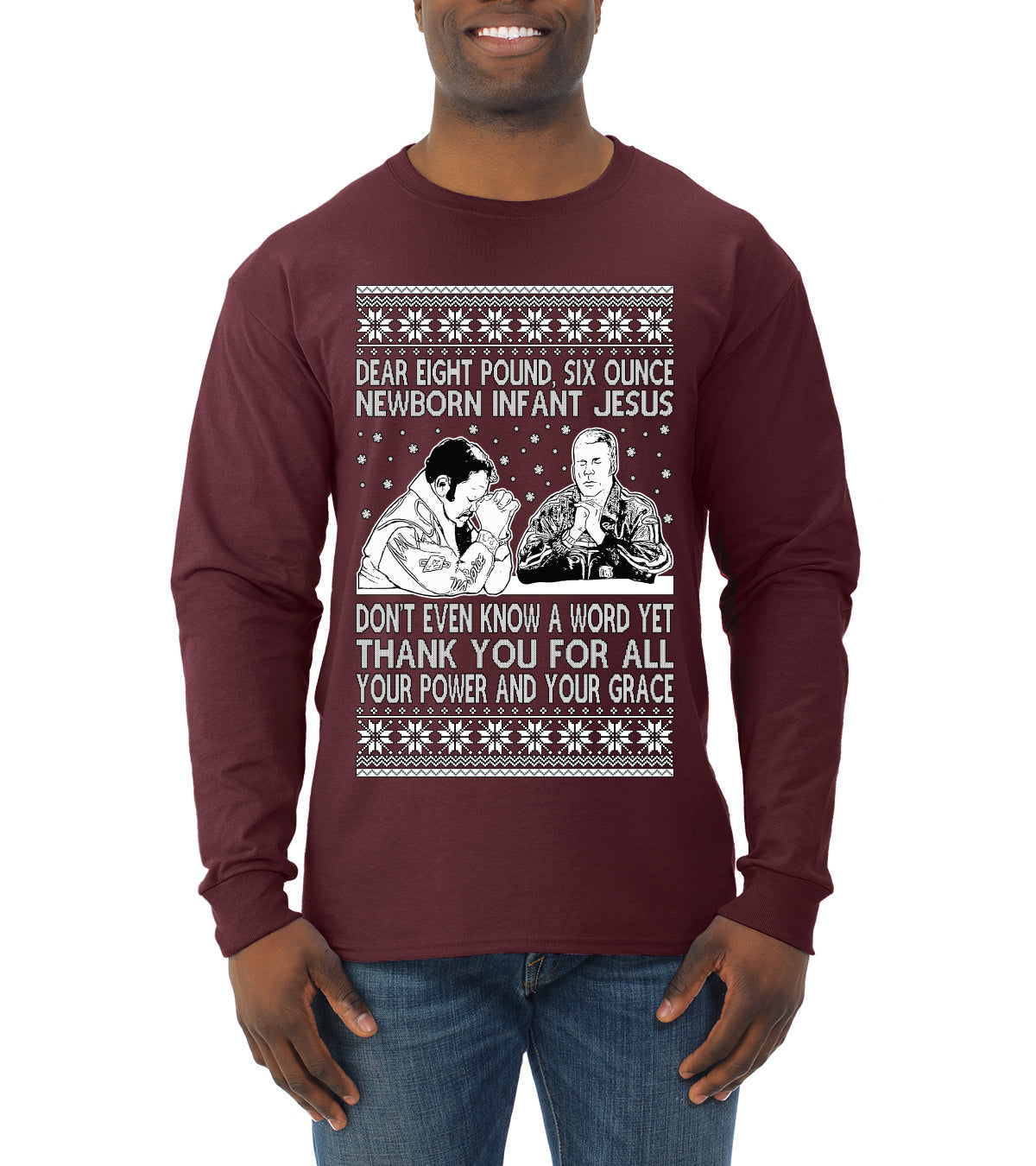 8 Pound 6 Ounce Baby Jesus Shake and Bake  Ugly Christmas Sweater Mens Long Sleeve Shirt