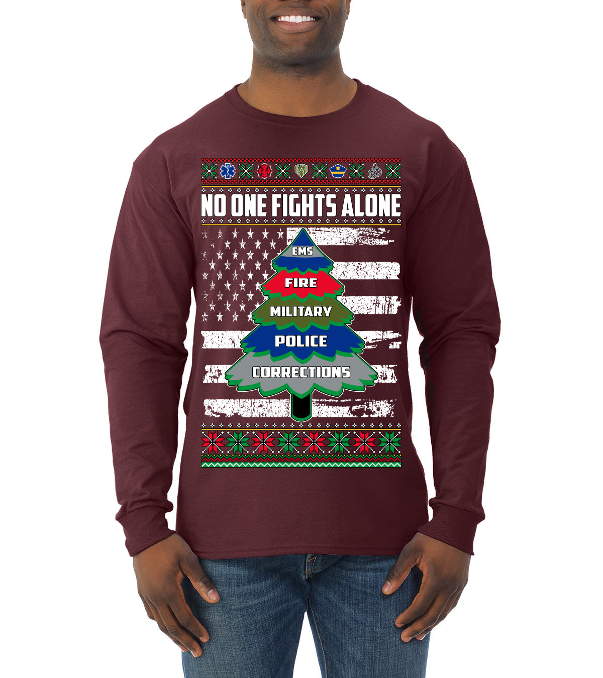 No One Fights Alone Holiday First Responder Police Fire Emt Ugly Christmas Sweater Mens Long Sleeve Shirt