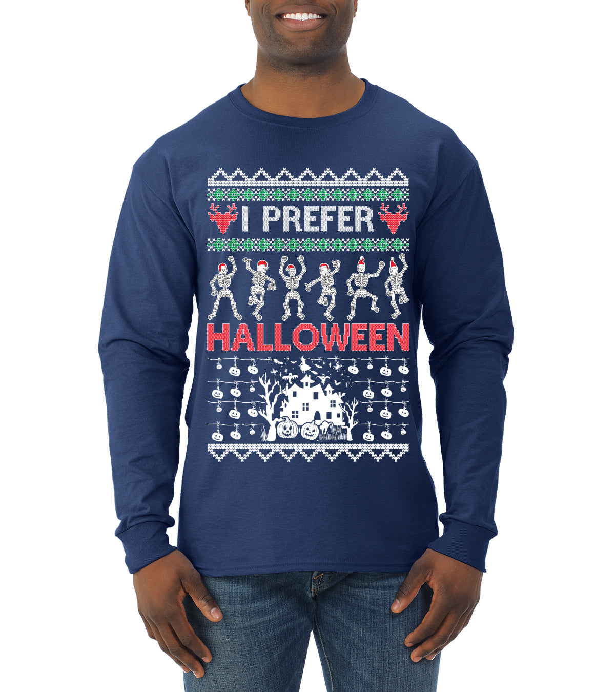 I Prefer Halloween Dancing Skeletons Ugly Christmas Sweater Mens Long Sleeve Shirt