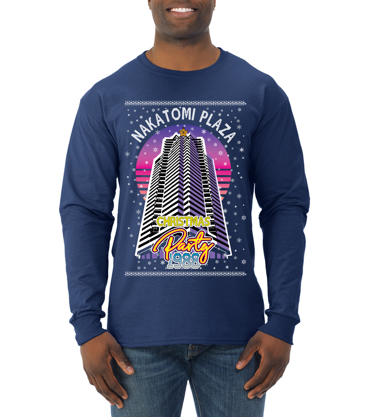 Retro Nakatomi Plaza 1988 Holiday Party Ugly Christmas Sweater Mens Long Sleeve Shirt