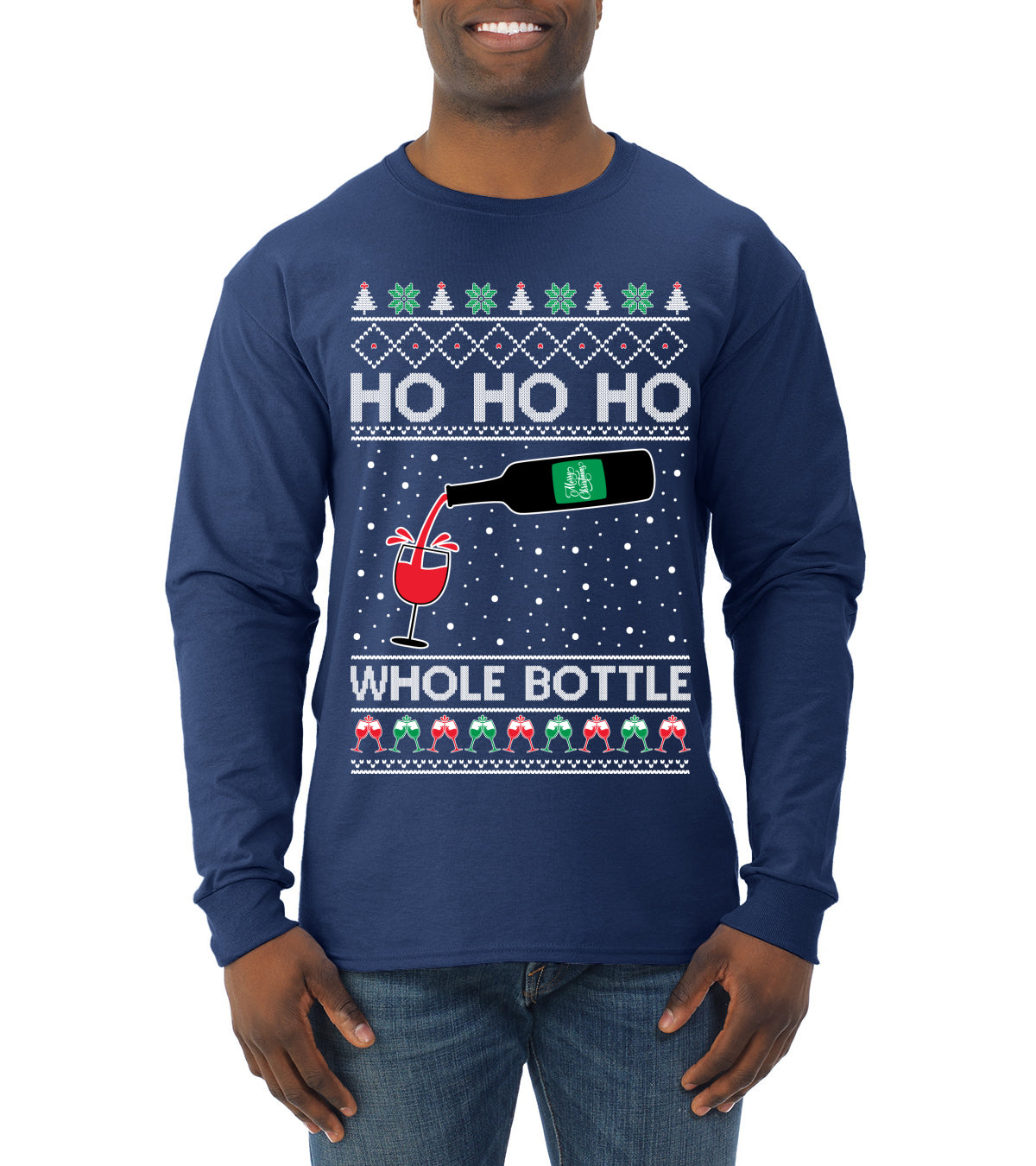 Ho Ho Ho Whole Bottle Wine Spirits Ugly Christmas Sweater Mens Long Sleeve Shirt