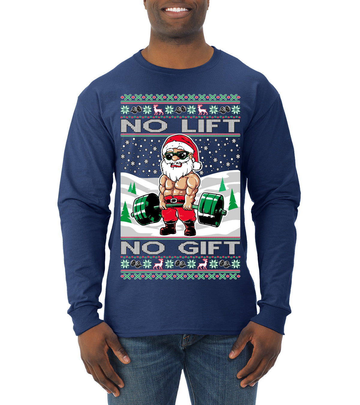 No Lift No Gift Fitness Workout Santa Ugly Christmas Sweater Mens Long Sleeve Shirt