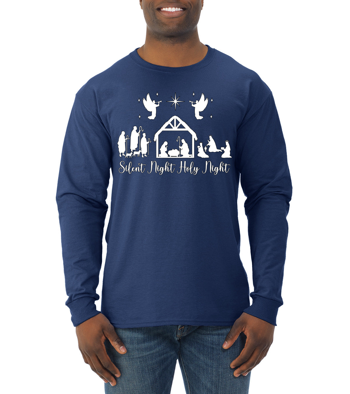 Silent Night Holy Night Religious Jesus Christmas Mens Long Sleeve Shirt