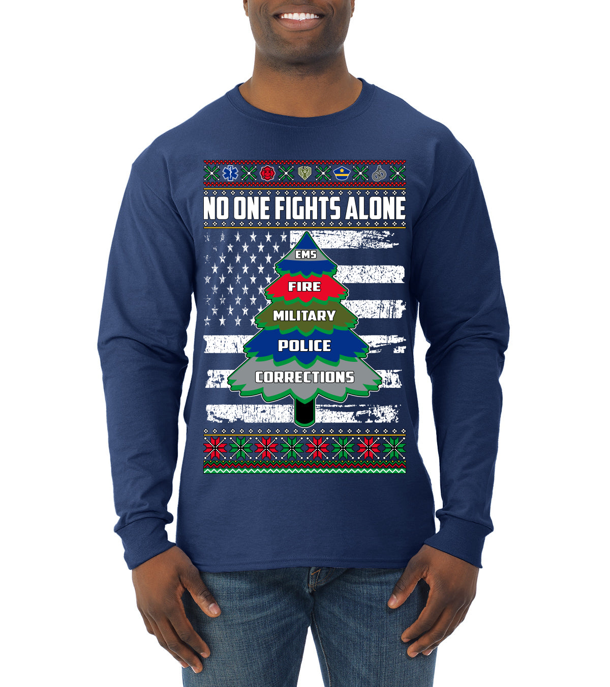 No One Fights Alone Holiday First Responder Police Fire Emt Ugly Christmas Sweater Mens Long Sleeve Shirt