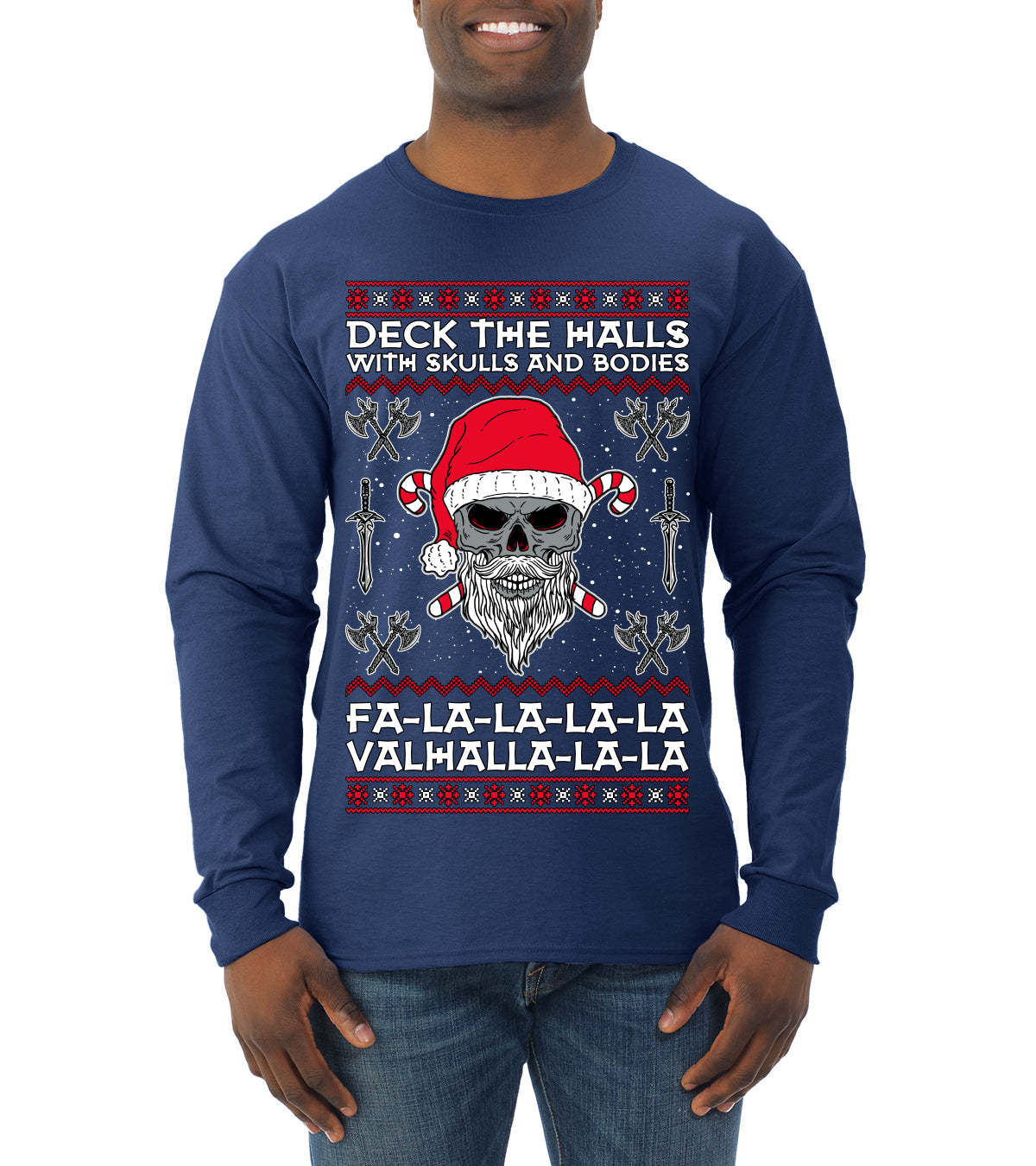 Valhalla Deck The Halls With Skulls & Bodies Ugly Christmas Sweater Mens Long Sleeve Shirt