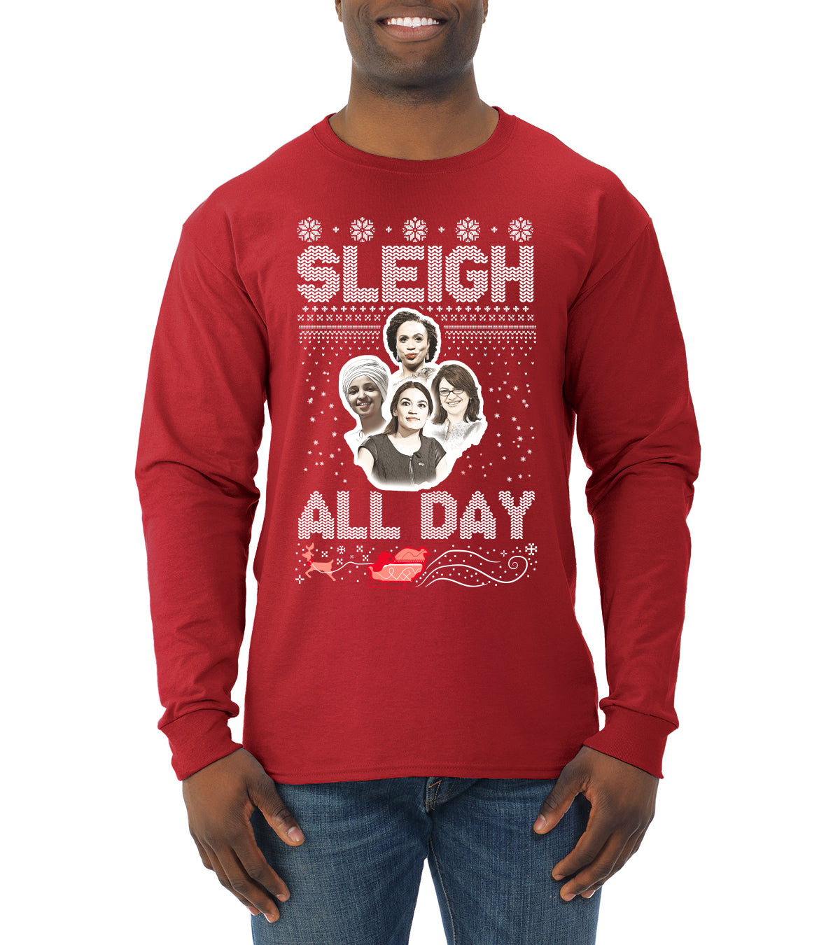 AOC The Squad Congresswomen Sleigh All Day Xmas Ugly Christmas Sweater Mens Long Sleeve Shirt