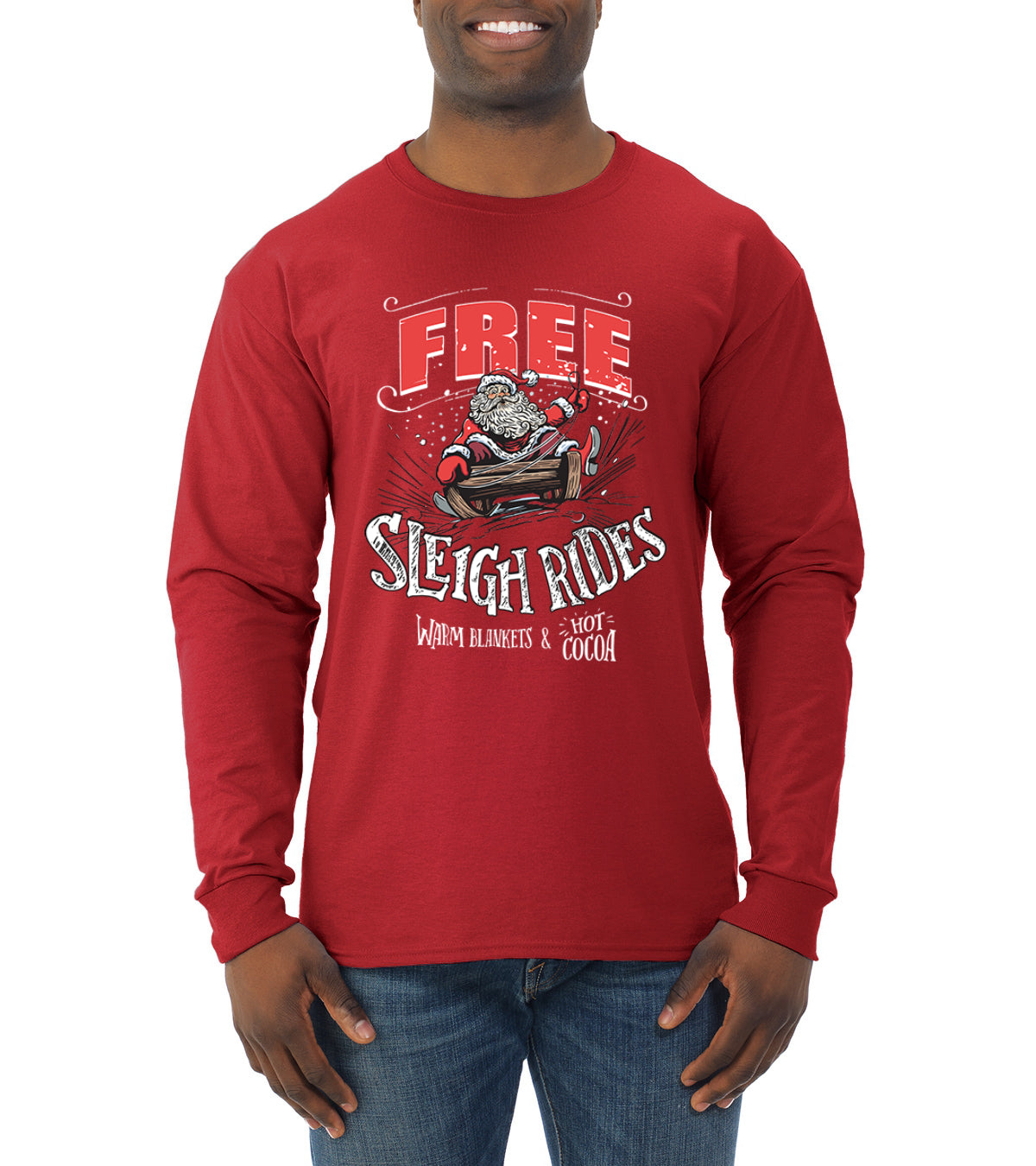 Free Sleigh Rides Warm Blankets & Hot Cocoa Christmas Mens Long Sleeve Shirt