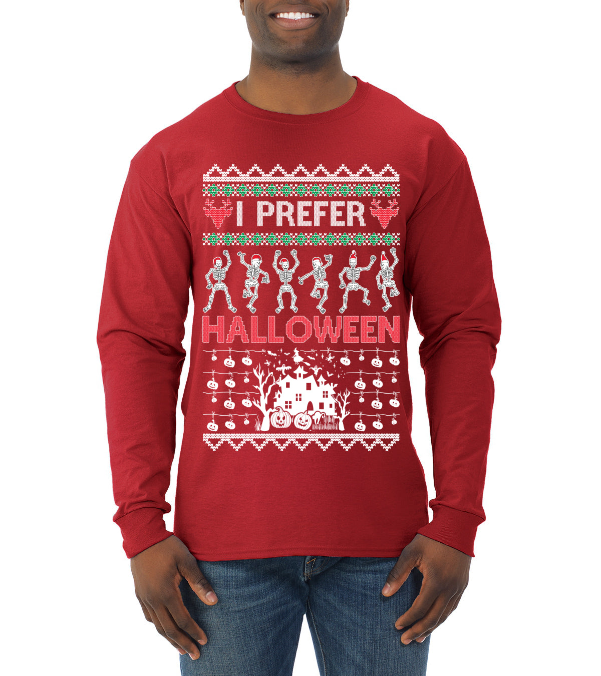 I Prefer Halloween Dancing Skeletons Ugly Christmas Sweater Mens Long Sleeve Shirt