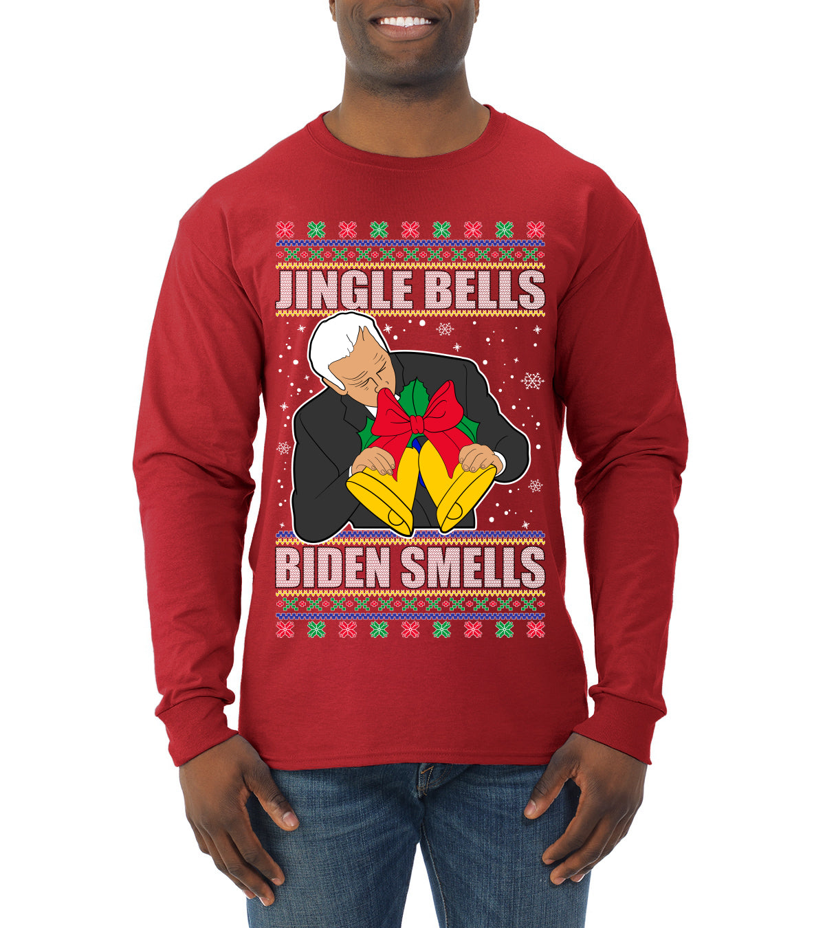 Jingle Bells Biden Smells Ugly Christmas Sweater Mens Long Sleeve Shirt