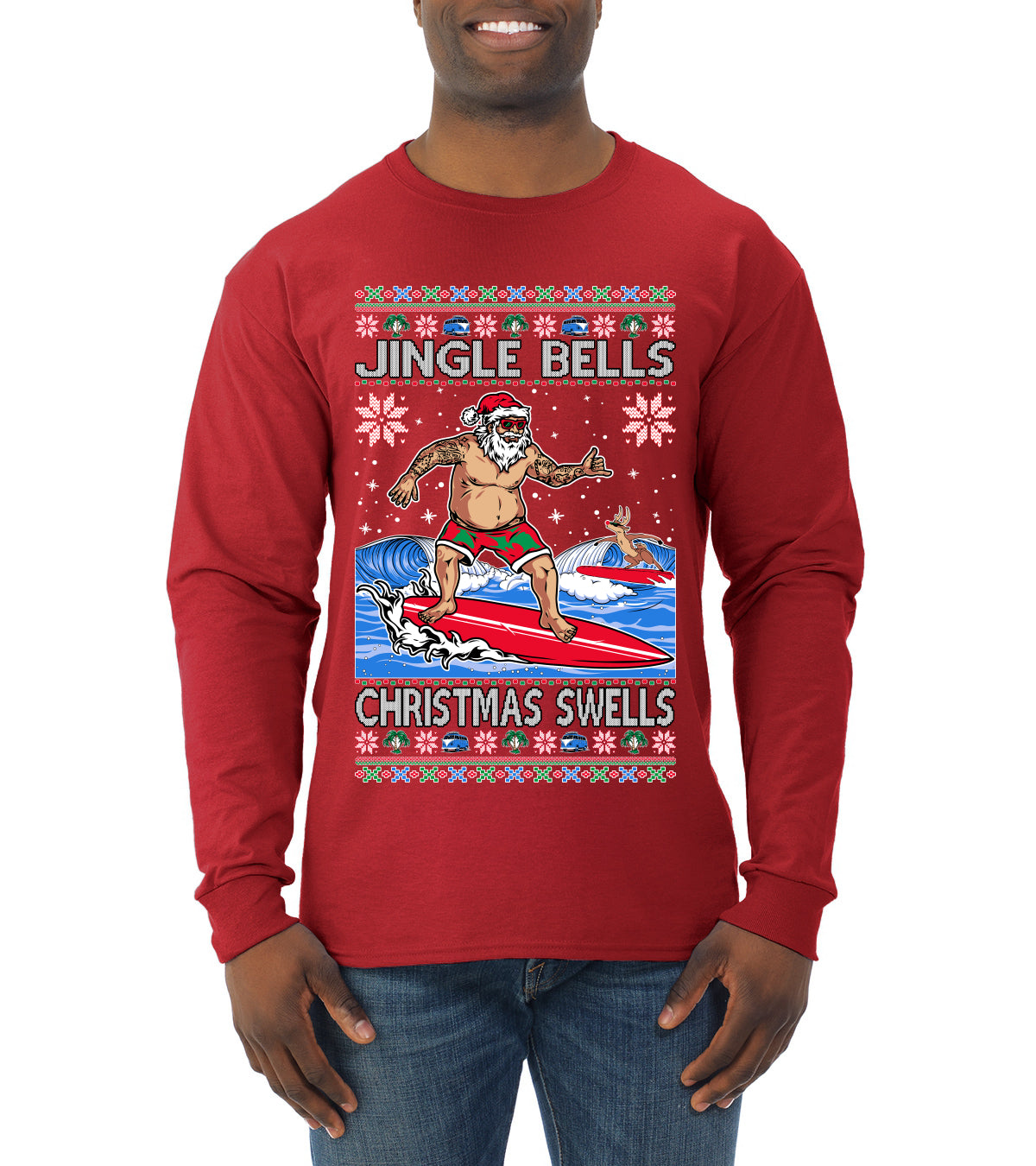 Santa Surfing Jingle Bells Christmas Swells Ugly Christmas Sweater Mens Long Sleeve Shirt