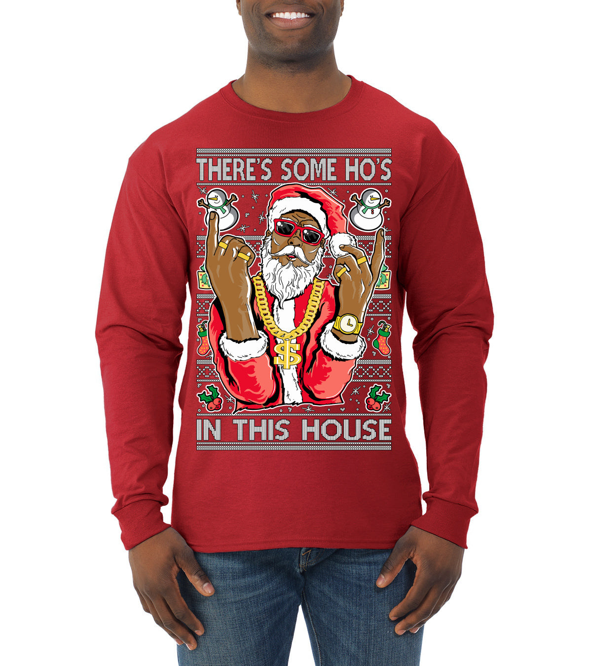 Black Santa Claus Gangster Bling Ho's In This House Ugly Christmas Sweater Mens Long Sleeve Shirt