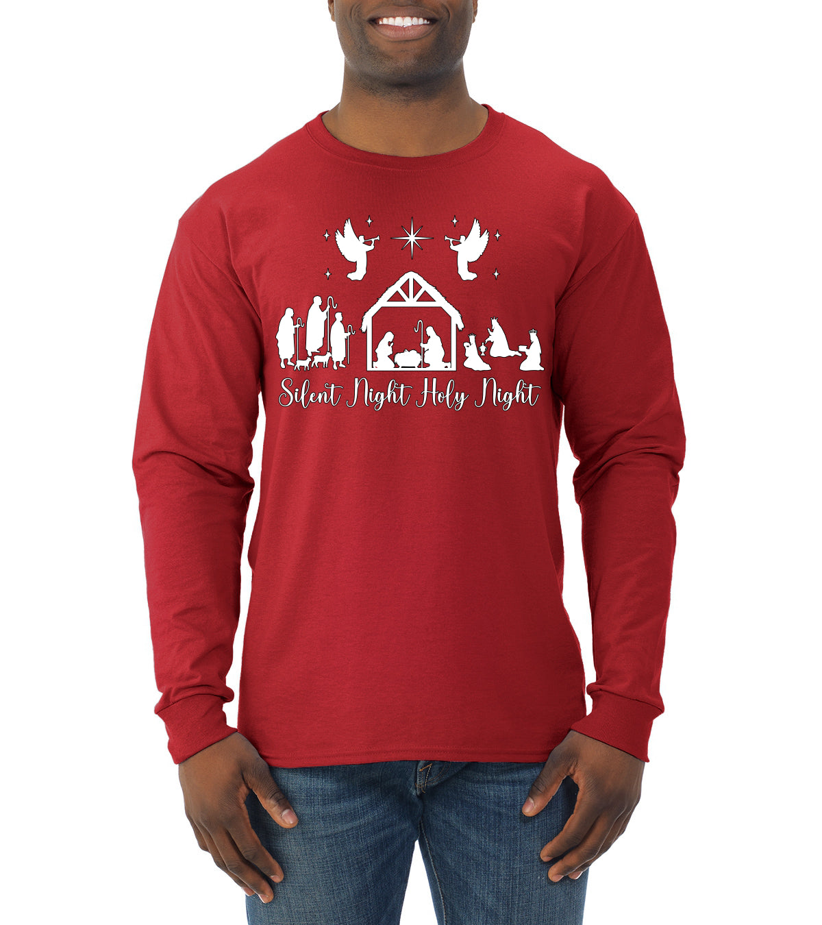 Silent Night Holy Night Religious Jesus Christmas Mens Long Sleeve Shirt