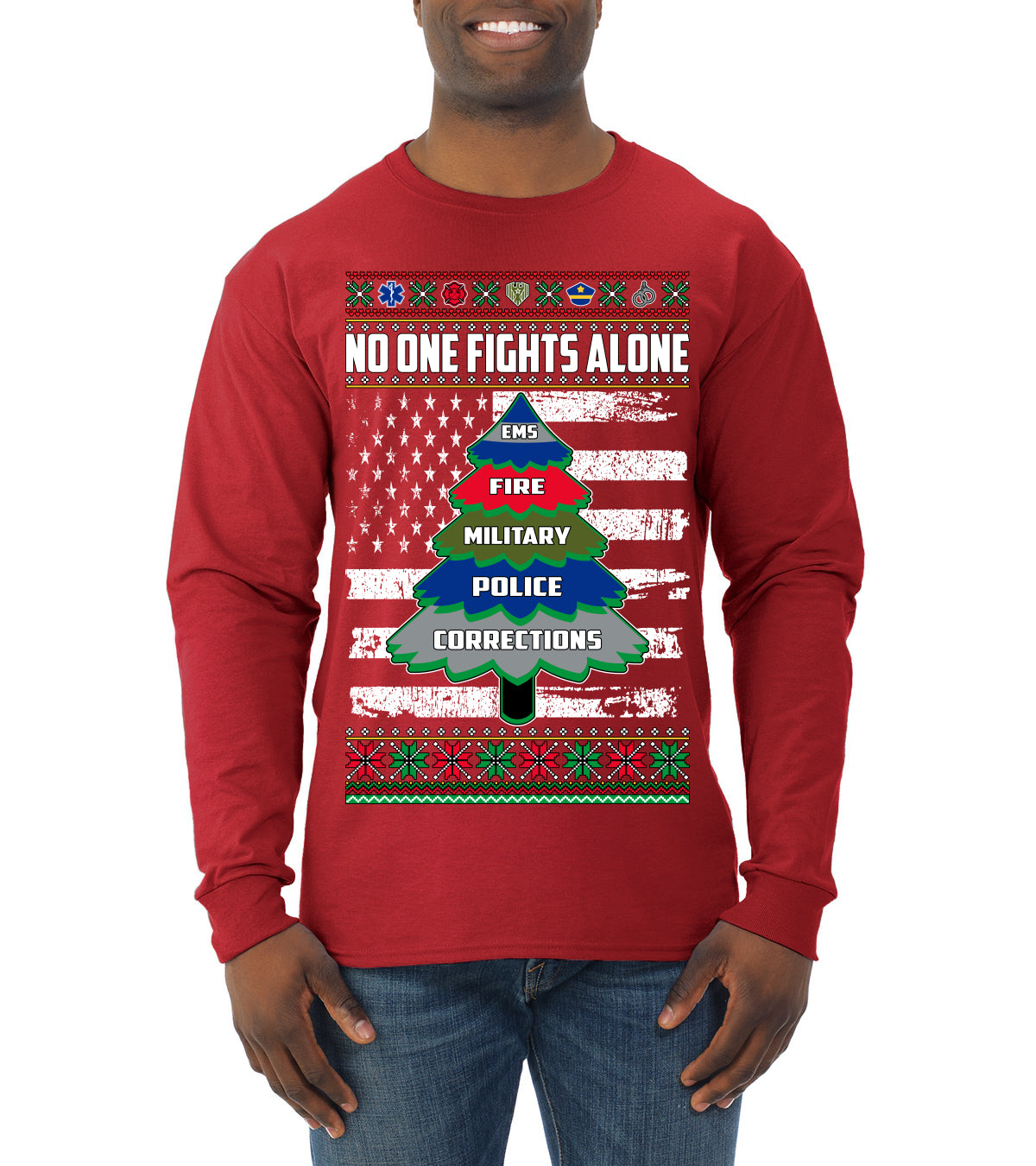 No One Fights Alone Holiday First Responder Police Fire Emt Ugly Christmas Sweater Mens Long Sleeve Shirt